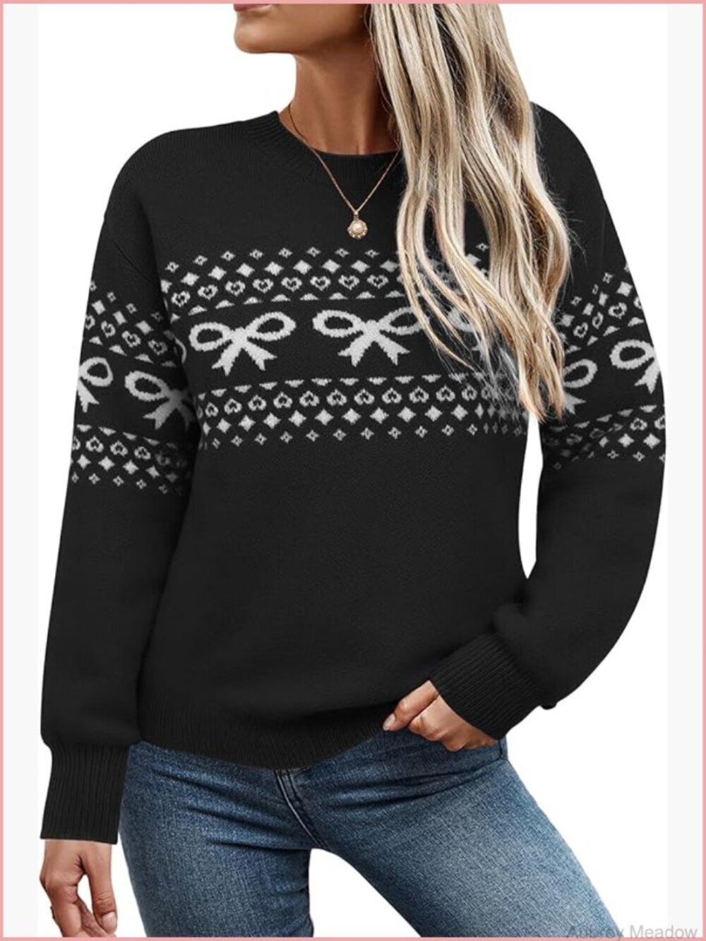 Crew Neck Pullover Sweater Women Long Sleeve Knit Tops Bow Decor